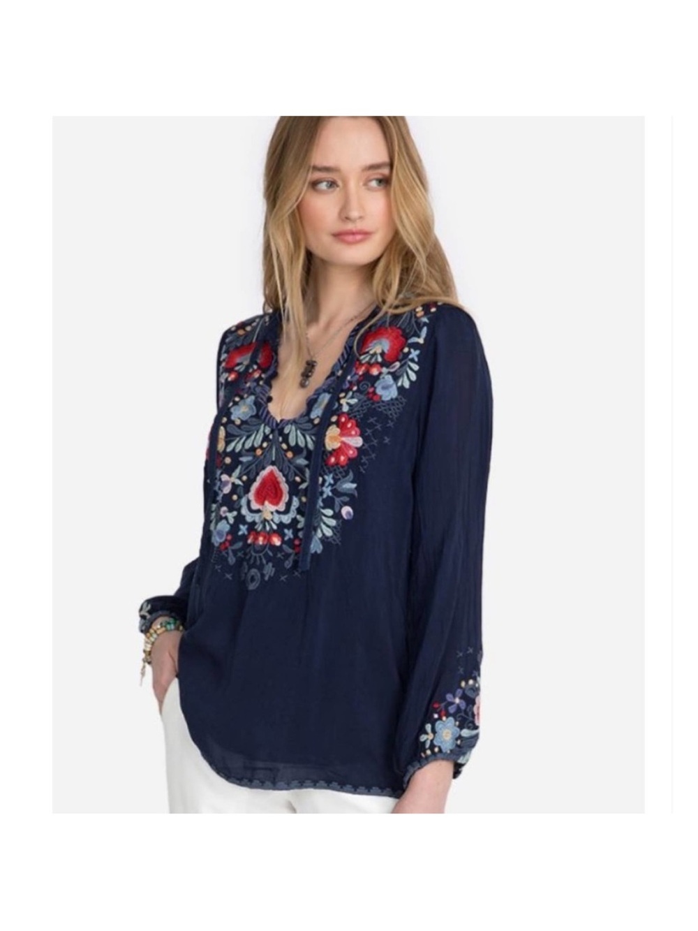 Johnny Was Bisma Embroidered Blouse Navy M